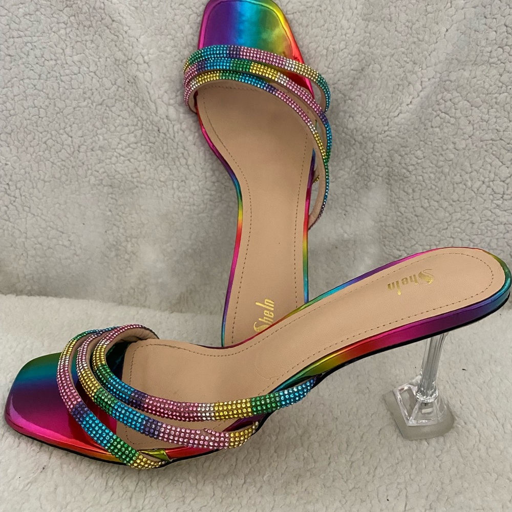 Colorblock Rhinestone Decor Pyramid Heeled Mules Size 10 - Picture 7 of 12